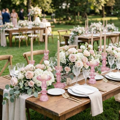 Pink Candlestick Holders Set of 6, Taper Candle Holders, 4.3" H & 6.3" H Glass Candle Holder for Candlesticks & Pillar Candles, Candle Holder for Table Centerpieces, Wedding and Mother's Day - color: Pink