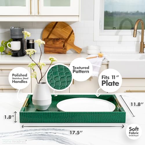Luxury Modern Elegant 17.5"x12" Rectangle Crocodile Green Faux Leather Decorative Tray Ottoman Coffee Table Living Room Decor Kitchen Serving Tray with Gold Polished Metal Handles by Home Redefined - color: Crocodile Green/Gold