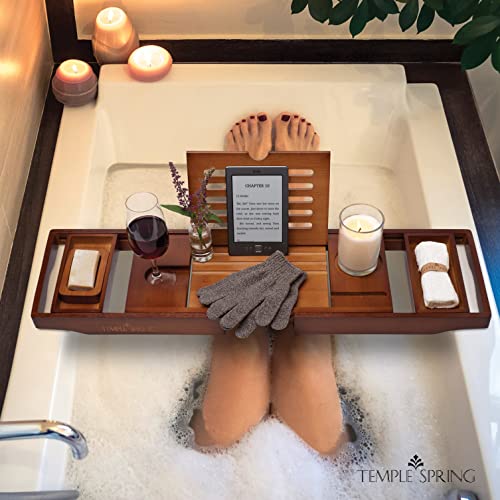 Temple Spring Bamboo Bathtub Tray Caddy for Tub — Expandable Wood Bath Tray with Solid Book Stand Wine Holder and Non-Slip Pads — Includes Bamboo Soap Dish and Spa Accessories — Luxury Bath Gift Set - color: Brown