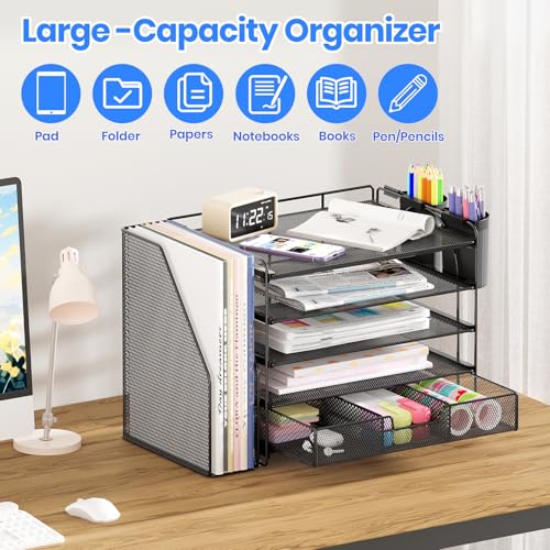 OPNICE Desk Organizer, 5-Tier Paper File Organizer with Drawer & Pen Holder, Office Desk Accessories, Workspace Desktop Organizer for Office Supplies(Black) - color: Black, size: 5-Tier