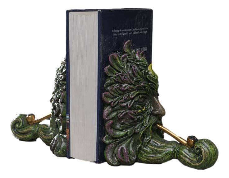 Ebros Gift Mythical Forest Tree Spirit Ent Celtic Greenman with Cigar Pipes Decorative Bookends Figurine Pair Set Wicca Horned God Sculptural Bookend Library Bookshelf Accent