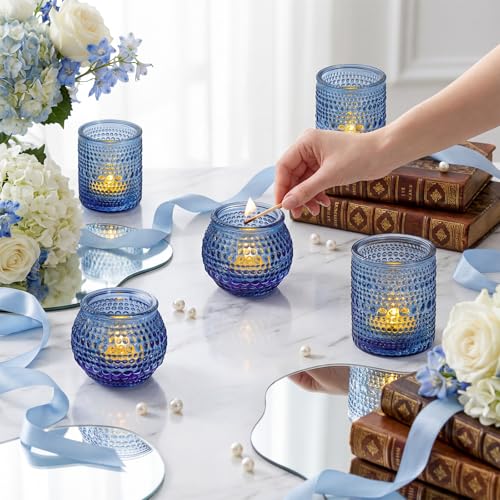 Rubtlamp Votive Candle Holders Set of 24, Blue Glass Candles Holder, Tea Light Candle Holders for Wedding Centerpieces, Vintage Candle Holder for Wedding & Home Table Decor - color: Blue