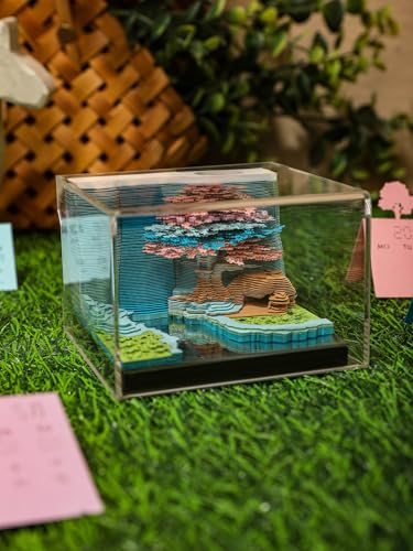 3D Creative Time Piece Calendar 2026 Desk Weekly Calendar Decoration with LED Light and Acrylic Case, Paper Sculpture Non-stick Notes, Paper Carving Art Craft Memo Pad (Flower Mountain) - color: Flower Mountain with LED lighting