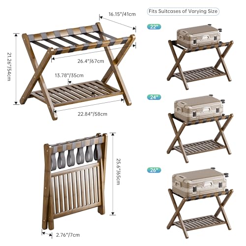 SMIBUY Luggage Rack, Foldable Bamboo Suitcase Stand with Storage Shelf for Guest Room, Bedroom, Hotel, Heavy-Duty, 1 Pack (Walnut) - color: Walnut