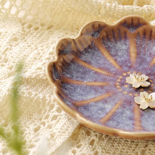 Lotus Ring Holder Dish Small Indoor Ash Tray, Ceramic Dessert Plate Trinket Jewelry Holder Organizing Necklace Earrings for Parents Friends Sister, Deep Purple. All Jewelries Are NOT Included. - color: Purple-Round