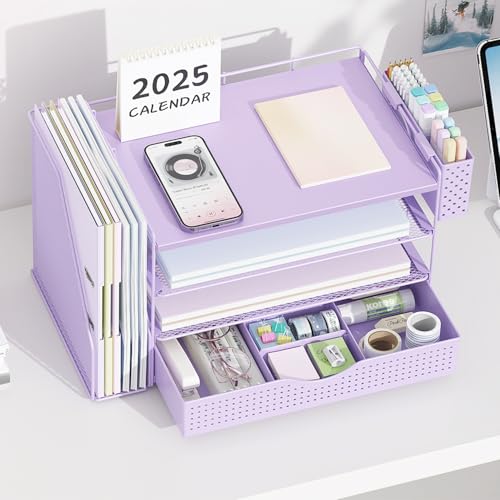 gianotter Wood Desk Organizers and Accessories with File Holder, 4-Tier Desk Accessories & Workspace Organizers with Drawer and Pen Holder, Paper Organizer for Office Supplies (Purple) - color: Purple