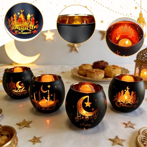 Eid Mubarak Glass Tea Light Candle Holders, Votive Tealight Holder Table, Centerpiece Decorations for Muslim Party Decor (Ramadan) - color: Ramadan