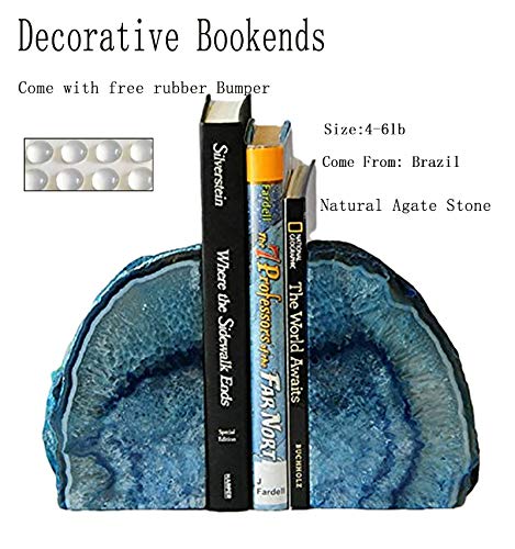 JIC Gem Agate Decorative Book Ends Blue Gemstone Geode Bookends Cool Crystal Bookends for Shelves Book Ends for Heavy Duty Books with Rubber Bumpers for Office and Home Décor (1 Pair,4-6 LBS) - color: Blue Dyed, size: 4-6LBS.