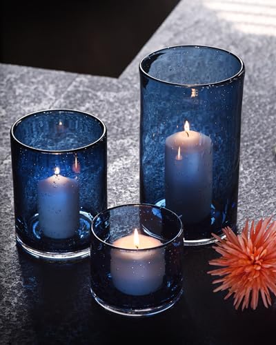 ARIAMOTION Glass Hurricane Candle Holders Bulk for Pillar Blue Seeded Bubbles Cylinder Table Centerpiece Modern Rustic Vases Home Decor 10" 7" 4" Set of 3 - color: Bubbles Blue, size: H10", H7", H4" Set of 3