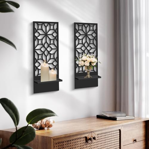 Glamativity Large 2 Pcs Set Black Metal Wall Sconce Candle Holder, 23 x 10'' Minimalist Retro Line Metal Wall Art Décor, 3D Textured Sculptures, Carved Metal Frame Wall Art Hanging for Living Room