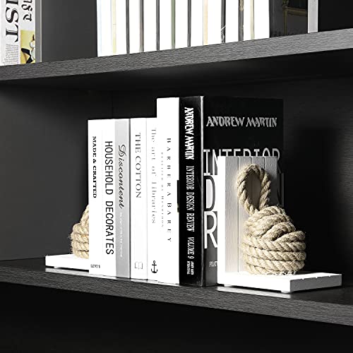 MyGift Vintage Decorative Bookends, Book Ends Shelf, L Shaped Office Desk Book Holder, Beach House Decor, White Solid Wood with Nautical Knot Rope, 2 Packs