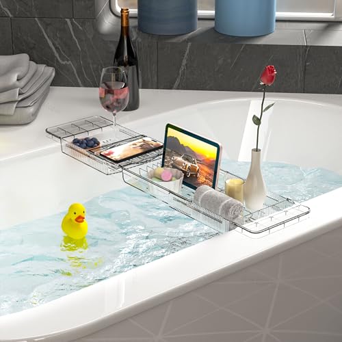 Yieach Luxury Tub Tray for Bathtub Expandable,Clear Bath Shelf Over Tub and Acrylic Bathtub Tray,Plastic Bath Board & Table,Bath Caddy Tray & Accessories for Mothers,Mom and Women Relaxing Spa Gifts - size: M - (22.3 to 31.8 in）