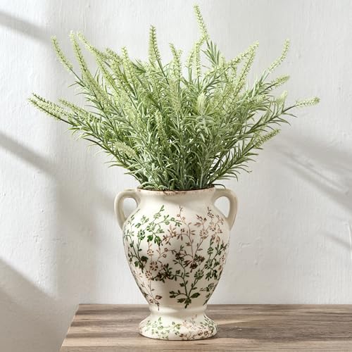 Green and Beige Antique Vase with Handles, Vintage Chinoiserie Floral Vase, Rustic Ceramic Vase for Home Decor, Living Room, Bookshelf, Office, Entryway, Garden, Chinoiserie Decor, Tuscan Decor - color: Beige and Green- 7.78"