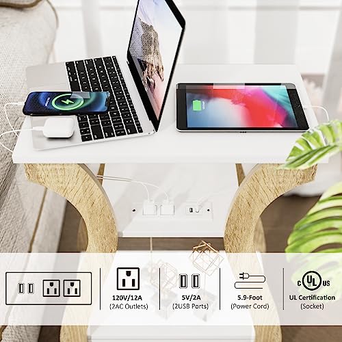 FROMJBEST End Table with Charging Station, Side Table with USB Ports and Outlets, Nightstand, 3 Tier End Table with Storage Shelf for Living Room, Bedroom (White) - color: White