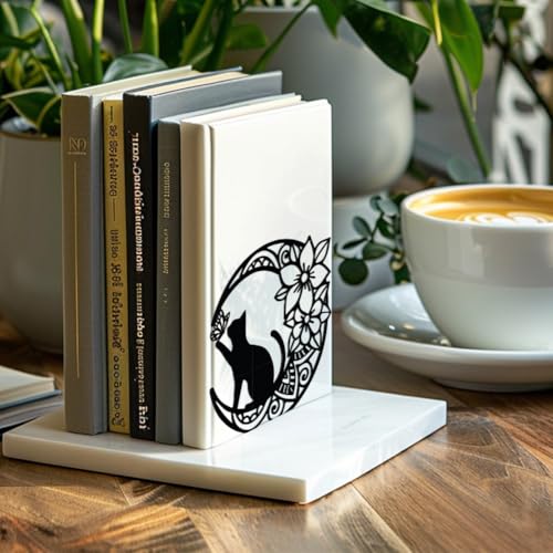 Peacoblue Metal Bookends for Shelves, Modern Decorative Heavy Duty Study Book Support Stoppers for Office, Desk, Shelf, Room 5.3"x4.3"x5.3" Cast Iron Tall Bookends, 1 Pair (Moon with Cat and Flower) - style: Moon with Cat and Flower
