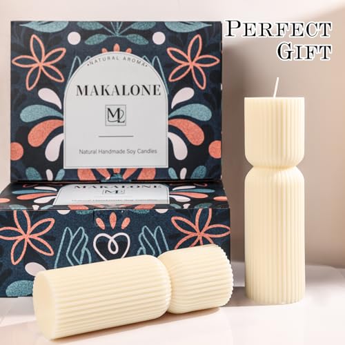 Aesthetic Sandalwood Scented Candles,Ribbed Pillar Candle Set of 2 (7.87" & 9.05" Tall), Natural Soy Wax Minimalist Geometric Decor, Modern Fluted Sculptural Candles for Home,Shelf, Mantel & Gift