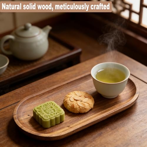 Small Wooden Tray, Oval Wood Serving Trays, Acacia Wood Platter for Coffee Tables, Dessert, Snack, Fruit, Bathroom Tray Charcuterie Board for Home Decor (M) - size: 9.1" x 4.1" x 0.6"