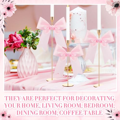 Mumufy 3 Pcs Gold Taper Candle Holder with Pink Christmas Bow Coquette Room Decor Candle Sticks Holder Fits LED Candles, Table Centerpiece Decor for Christmas Wedding Party