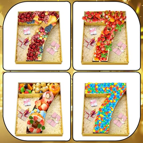 SiliFine 12" Charcuterie Number Shaped Mache with Clear Lid Fillable Sweets Serving Trays Paper Mache Cupcake Candy Box for 2025 Graduation Party Graduation Celebration(Gold,Number 7) - color: Gold, style: Number 7