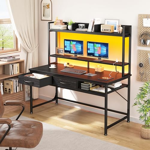 DurayLoly 47.2" Gaming Desk with Hutch &2Drawers,Office Desk with Storage Rack&Monitor Stand, Computer Desk with LED&Power Outlet,Modern Study Writing Desk for Bedroom Home Office,Small Space,Black - color: Black, size: 18.9"D x 47.2"W x 61.1"H