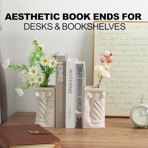 Roman Column Book Ends Decorative, 4-in-1 Heavy Duty Marble Bookend for Shelves, Unique Pen Holder & Mini Flower Vase, Classic Greek Statue for Office Home Desk Decor (2PC, Beige) - style: Classical -Beige