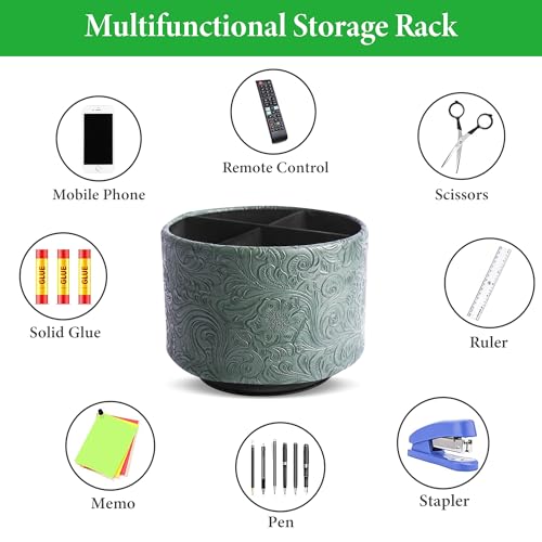 lizimandu Round Leather Art Supply Organizer,Remote Control Holder,360 Degree Spinning,Multi-Functional Pencil Holder,4 Compartments Desktop Stationary Organizer(1-Carved Cooper Green) - color: 1-Carved Cooper Green