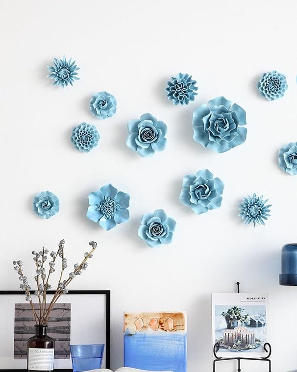 AMERRY 3D Flower Wall Art, Handmade Porcelain Decor for Home Office (Blue, Peony, 4.72") - color: Blue,Peony,4.72"