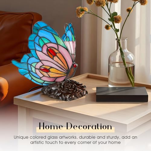 Tiffany Style Blue Pink Butterfly Table Lamp,Stained Glass Lamp,Living Room,Bedside Lamp, Nightstand Decor, Table Light - color: Blue