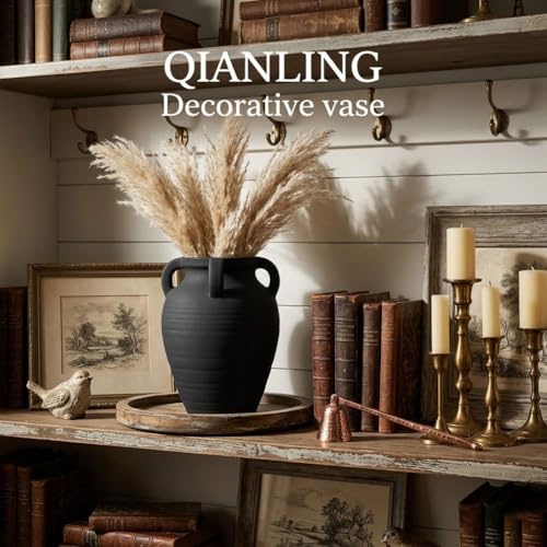 Handmade Black Vase - 8.2" Tall Terracotta Vases with 4 Ear Design, Wide Mouth Vintage Vases, Rustic Antique Decor Matte Finish Black Ceramic Vase for Home Decor, Living Room, Table, Fireplace Decor - color: Black, size: Small