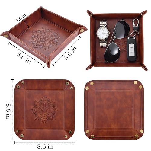 2 Pack Valet Tray, PU Leather Valet Tray Can Be Used As Key Bowl, Cologne Organizer for Men and Travel Jewelry Box, for Key Earphone Phone Coin Change Watches (8.6 * 8.6'' Brown + Pink)