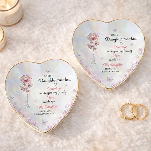 Personalized Heart Shape Jewelry Dish for Daughter-in-Law, Ceramic Trinket Tray Ring Holder With Custom Birth Flower, “Marriage Made You Family, Love Made You My Daughter” Keepsake - color: Daughter In Law 129