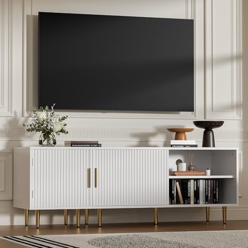 Housoul Combined Modern TV Stand for 55/60/65 inch TV, Small Fluted Entertainment Center with Adjustable Shelf, TV Media Stand with Storage Cabinet, TV Console for Living Room, Bedroom, White - color: White, size: 55" L