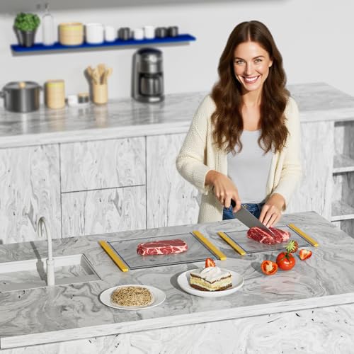 Tempered Glass Cutting Board Set for Kitchen Counter - Dishwasher Safe with Juice Grooves, Non-Slip Silicone Edges & Beveled Grip - 16"x12" & 12"x8" Serving Tray (Yellow) - color: Yellow