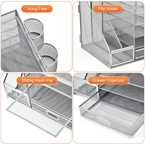Marbrasse Desk Organizer with File Holder, 5-Tier Paper Letter Tray Organizer with Drawer and 2 Pen Holder, Mesh Desktop Organizer and Storage with Magazine Holder for Office Supplies (Silver) - color: Silver