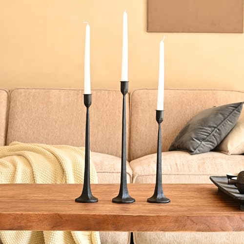 Set of 3 Candle Stick Holders,Iron Black Candlestick Holders, Fits 3/4 inch Thick Candles, Tapered Candle Holders Tall Set for Dining Table, Wedding, Home Decoration - color: Black-straight, size: 12”,14”,15.5”