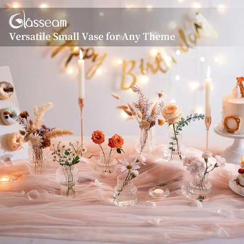 Glasseam Glass Bud Vases for Centerpieces: 4Pcs Clear Small Vase for Flowers Wedding Table Centerpieces - Modern Mini Decorations for Cute Vintage Home Living Room Decor - color: Clear- Wide Ribbed