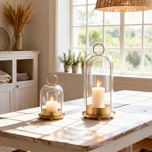 Hurricane Glass Candle Holders for Pillar Candles Set of 2 (5" & 4" Wide), Gold Metal Candlestick Holders, Modern Decorative Centerpiece Lanterns for Table Mantel Wedding Housewarming Gift - color: Gold