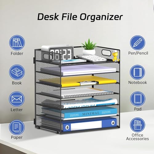 7-Tier Paper Organizer for Desk, Letter Tray with Handle Mesh Desk File Organizer, Workspace Organizers, Paper Sorter Organizer for Office Home School (Black) - color: Black