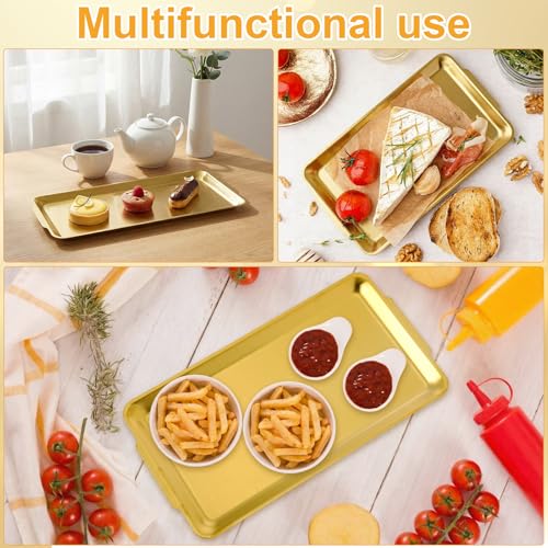 3 Pack Gold Stainless Steel Serving Platter, 14.2” Large Rectangle Metal Camping Plate Tray with Handles, Vanity Organizer Trays for Dining, BBQ, Buffet, Party, Appetizer Serving