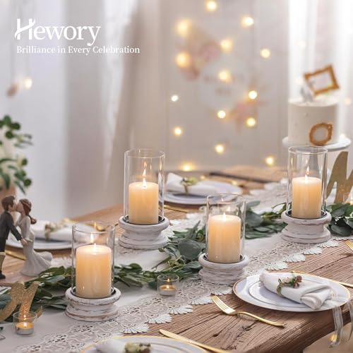 Hewory Hurricane Glass Candle Holder: Rustic White Candle Holders for Pillar Candles, Vintage Decorative Wood Stand with Clear Cylinder Glass for Table Centerpiece Fireplace Mantel Farmhouse Decor - color: White