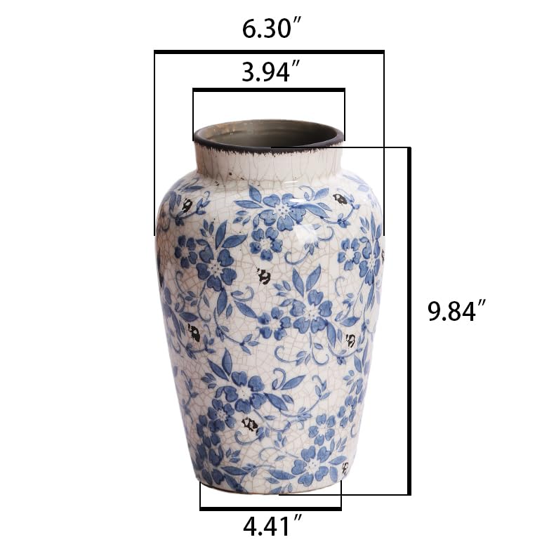 Denique Vintage Blue and White Porcelain Vase Ceramic Vase for Home Decor, Retro Crack Blue Flower Vase Pottery Vase Chinoiserie Decor Rustic (6.3x9.8inch) - size: 6.3x9.8inch