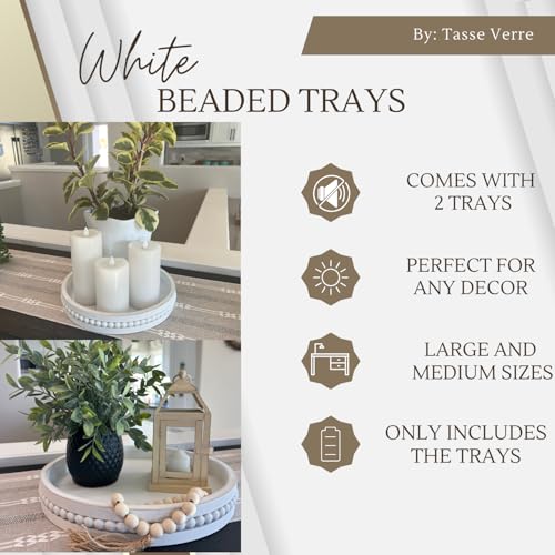 Tasse Verre White Beaded Decorative Tray Set (2-Pack) - 11.5 inch & 13 Inch - Round Rustic Decor Wooden Serving, Distressed Farmhouse Design Centerpiece for Coffee Table, Ottoman, Kitchen & Home
