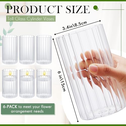 6 Pcs 6 Inch Tall Glass Ribbed Cylinder Vases Clear Floating Candle Flower Vase in Bulk, Hurricane Candle Holder for Wedding Housewarming Gift Table Centerpieces - color: Clear, size: 6 Inch