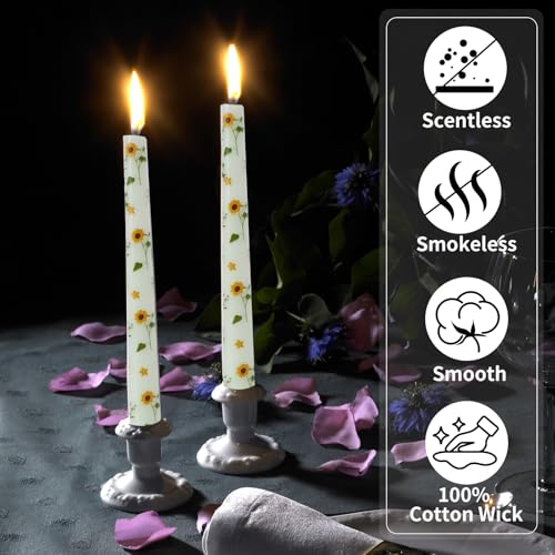 Taper Candles,10 inch 2pc Green Tapered Candles with Sunflower Printed, Unscented and Smokeless Long Burning Candles,Tall Candlesticks with Cotton Wicks,Ideal for Weddings, Home Décor - style: Sunflower
