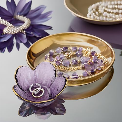 Purple Flower Ring Dish Jewelry Tray, Small Glass Trinket Tray for Rings Earrings, Present for Wife Mom Daughter Women - color: Purple