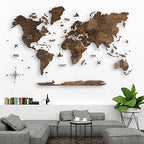 AWESOMETIK WALNUT 3D World Wood Map | 3D Wood Map of the World Easy Installation with Double Sided Tape Includes Add Ons Premium Durable Plywood Ideal for Home and Office Decor M, L, XL