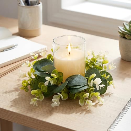 Yunlly 4 Pcs Candle Wreaths Rings Artificial Eucalyptus Wreaths Candle Holder Rings with LED Flameless Candles, 9.5" Wide for Wedding Windows Table Centerpieces, Green and White - color: Green and White, style: Classic