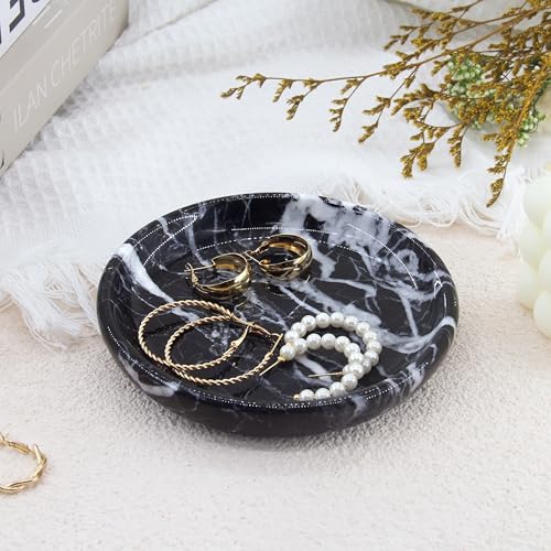 Small Natural Marble Jewelry Tray Key Plate Holder Dish Trinket Decor Catch All Bowl for Ring Earring Stone Gift for Women Daugther,Black,5.5" - color: Black