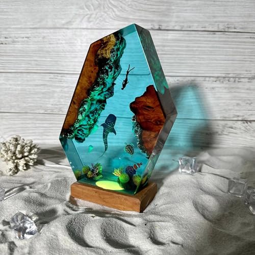 Ocean Creative Epoxy Resin Wood Light Lamp, Handmade Multi Color Aquatic Ocean Lamp Deep Sea Diver Cave Diving Enthusiasts Led Night Light Desktop Decor Christmas Birthday Gift (Shark And Diver, S) - color: Shark and Diver