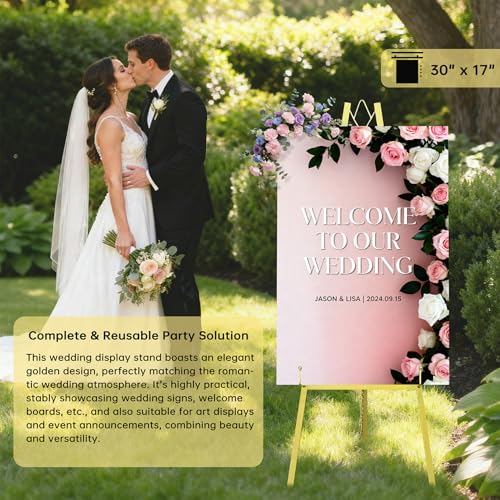 Gold Easel Stand for Wedding Signs,No Assembly Needed-46.7' Heavy Duty Adjustable Wedding Easel with Tool-Free Knobs&Adjustable Chains, Fits Welcome Signs, Posters, Paintings, Events & Art Displays